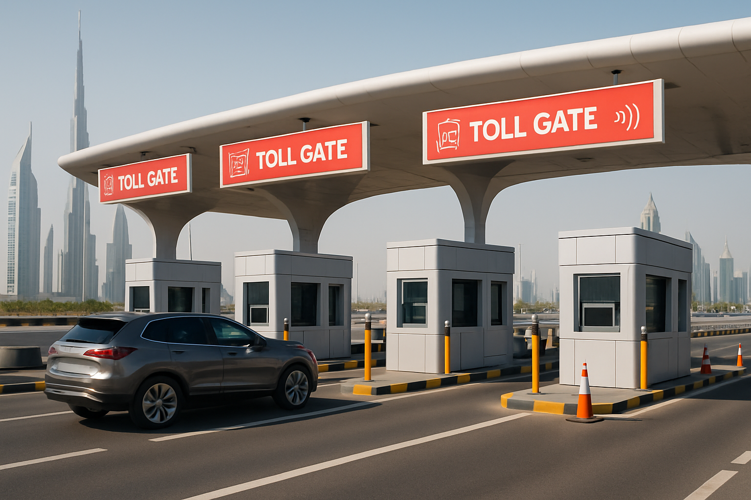 Modern toll gate in Dubai with automated payment system