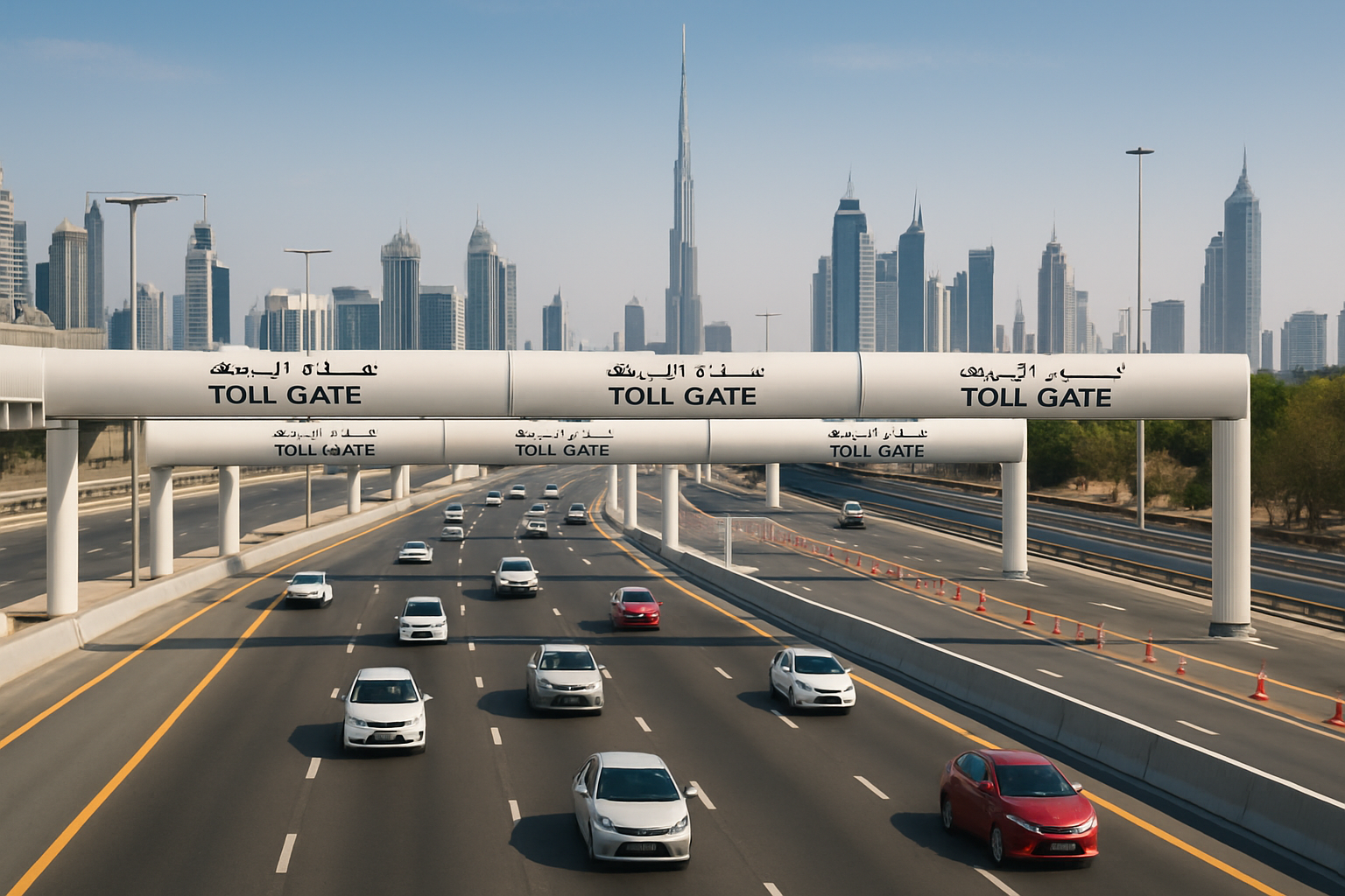 Highway in Dubai with multiple toll gates