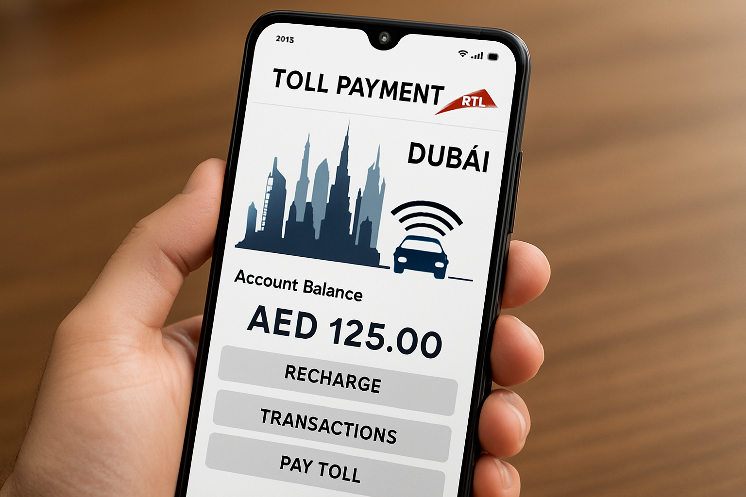 Mobile phone showing toll payment app for Dubai